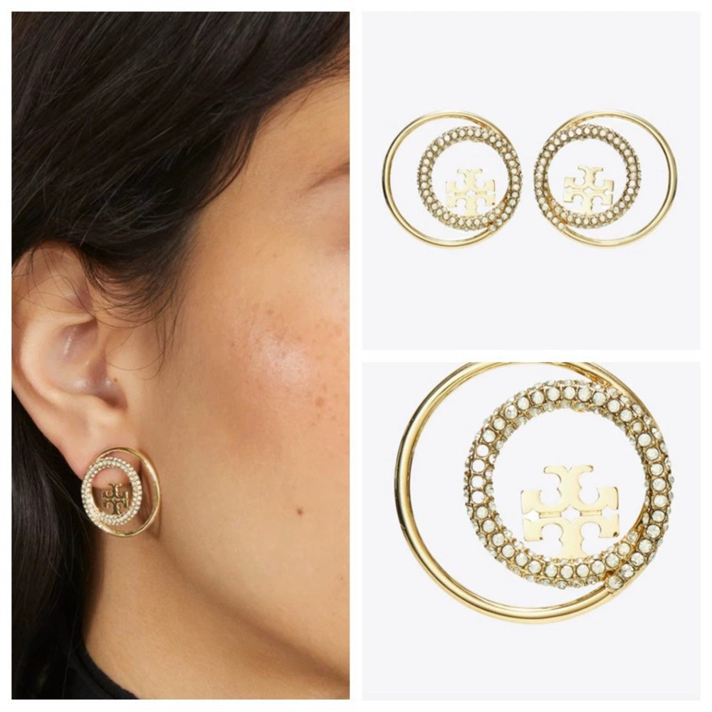 Tory Burch Collection Gold Pave Full Diamond Double Ring Earrings